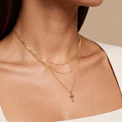 ZOFnic Cross Layered Choker Necklace for Women 18K Gold Plated Double Chain with Stack Jewelry Gift for Mom Daughter Friend Initial Charm Necklace for Birthday Anniversary thumbnail 2