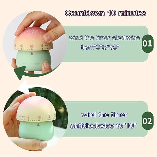 NUOSWEK Mechanical Kitchen Timer, Cute Mushroom Timers for Kids, Wind Up 60 Minutes Manual Countdown Timer for Classroom, Home, Study and Cooking (Green Base) thumbnail 5