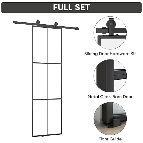 Barnsmith 24in x 84in Aluminum Glass Barn Door with 4.3FT Hardware, Frosted Tempered Glass, 6 Lattice, Lightweight Sliding Door, Easy Assembly - 24"x84" thumbnail 5