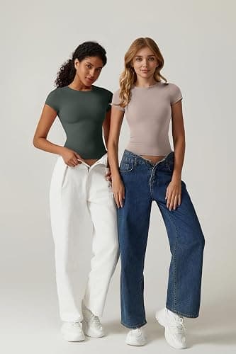 QINSEN Women's Crew Neck Short Sleeve Tees Double Lined Slim Fit T Shirt Basic Y2K Tops thumbnail 6