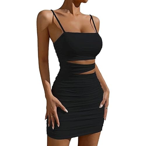 SEBAQINY Summer Bodycon Slip Dress: Women’s Sexy Hollow Out Strap Spaghetti Outfits - Short Party Dress for Club Wear 22521 - Small - Black