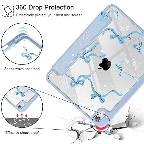 Tuiklol Case for iPad 11 inch (A16 Chip) 2025 Generation 11th / iPad 10.9 inch 2022 10th Gen, Buit in Pencil Holder with Shockproof Cover Clear Transparent Back Shell Auto Wake/Sleep, Bow-Blue thumbnail 6