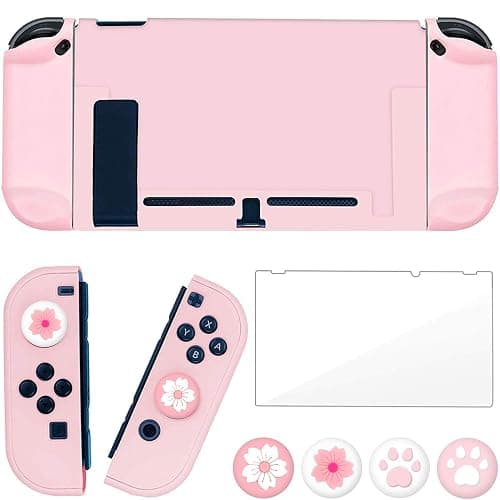 OLDZHU Coque Compatible avec Nintendo Switch,Housse de Protection Slim PC Rose pour Console NS et manettes Joy-Con, avec Protecteur d'écran en Verre et 4 poignées pour Le Pouce（Sakura Rose） - Image 1