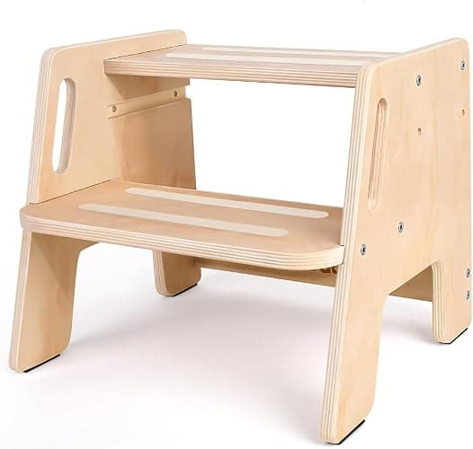 Toddler Step Stool, Wooden Height-Adjustable 2-Step Stool for Kids, Potty Training Stool with Handles for Bathroom Sink, Kitchen, Bedroom - Image 1
