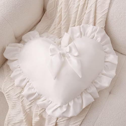FZETVN Heart Ruffled Throw Pillow,Velvet Heart Throw Pillow Bow Pillows Wedding Gifts Pillows Decorative Cushion for Sofa Bed Bay Window 20×16 inch,White thumbnail 3