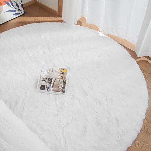 ORINOVA White Faux Rabbit Washable Fur Area Rugs Circle Rugs for Living Room Bedroom Teen Room Fluffy Area Rug 3ft Round Rug thumbnail 4