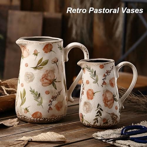 XIUWOUG Vintage Flower Vase Rustic Vases for Home Decor, Distressed Floral Vases with Handle, Ice Crack Pitcher Vase Scroll Tuscan Planter Gardening Decoration,C2 thumbnail 6