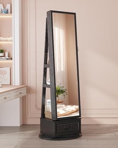 Vlsrka Mirror Jewelry Cabinet Standing with Lights, Lockable, Swivel, Black | Standing Jewelry Armoire with Full Length Mirror, Large Jewelry Organizer Storage with Foldable Makeup Shelf, 3 LED Lights thumbnail 9