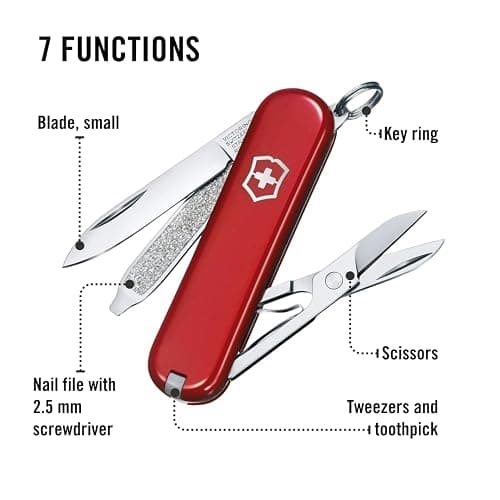 Victorinox Classic SD Swiss Army Knife, Compact, 7 Functions, Swiss Made Pocket Knife with Small Blade, Screwdriver and Key Ring - Style Icon (Red) | Swiss made compact multi-tool with scissors, nail file, tweezers, and toothpick. Durable iconic stainless steel construction thumbnail 4