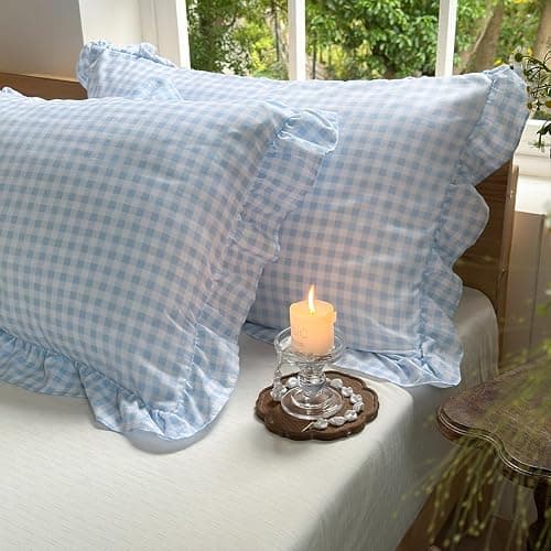 NSNLGSGC Light Blue Gingham Ruffle Queen Sheet Set | Soft Pre-Washed Microfiber, Plaid, 4-Pieces, Farmhouse, Deep Pocket thumbnail 8