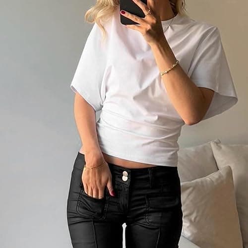 Womens Wide Short Sleeve Y2k Shirts Summer Going Out Grunge Tops Cinched Waist T Shirt Fitted Casual Cropped Top thumbnail 2