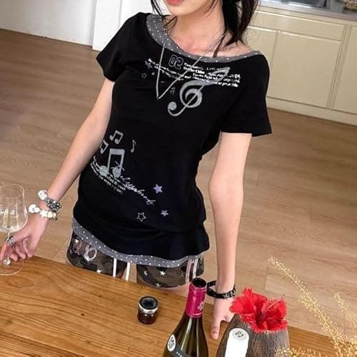 Harajuku Vintage Y2K Gyaru Music Graphic Tees Women Punk Gothic Shirts V Neck Slim Fit T-Shirts Summer Going Out Top thumbnail 5