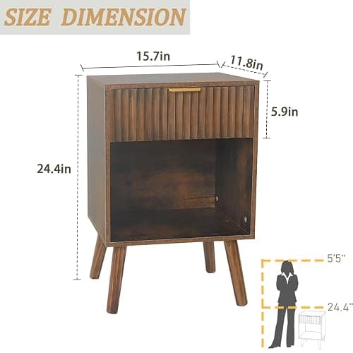 Fultyle Mid Century Modern Nightstand, Wood Bedside Table with Drawer and Opening Storage, End Table Living Room Fluted Night Stand with Solid Wood Legs for Bedroom (Rustic Brown) thumbnail 3