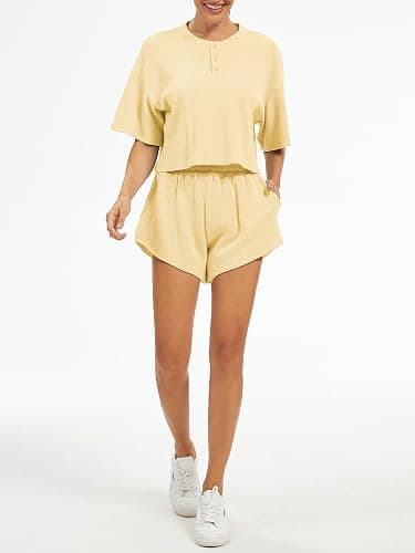 AnotherChill Women's Cropped Waffle Knit Lounge Set – Short Sleeve Henley Top and High Waisted Shorts 2 Piece Casual Outfit thumbnail 5