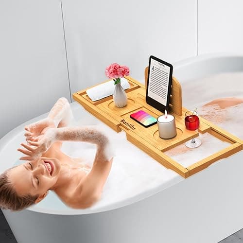 Premium Bamboo Bathtub Tray Caddy - Bath Tub Tray Table for Bathtub - Bath Caddy Tray for Bathtub, Expandable Size, Fits Most Bath Tubs thumbnail 2