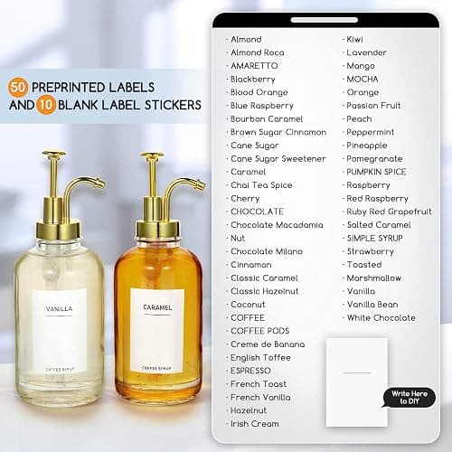 2 Pack 16.9OZ Coffee Syrup Dispenser for Coffee Bar with Labels and Gold Pump, 500ML Syrup Bottles for Home Bar, BPA Free & Durable Transparent Glass thumbnail 4
