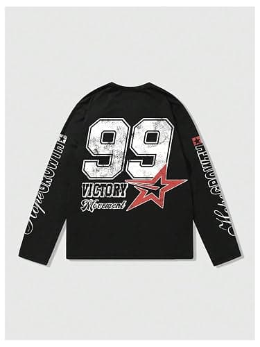 RoseSeek Men's Number Print Jersey Tops Graphic Tee Long Sleeve Crew Neck T-Shirt Streetwear thumbnail 2
