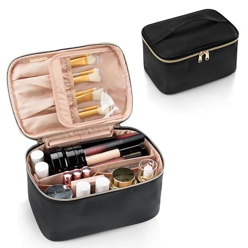 OCHEAL Makeup Bag, Portable Cosmetic Bag Black Make up Case Toiletry Bag | Large Capacity Travel Makeup Case Organizer for Women Toiletry Bag for Girls Traveling With Handle and Divider - Image 1
