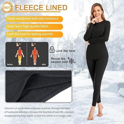 SIMIYA Thermal Underwear Set for Women Long Johns with Fleece Lined Long Sleeves Base Layer Set Top Bottom - Large - Black thumbnail 4