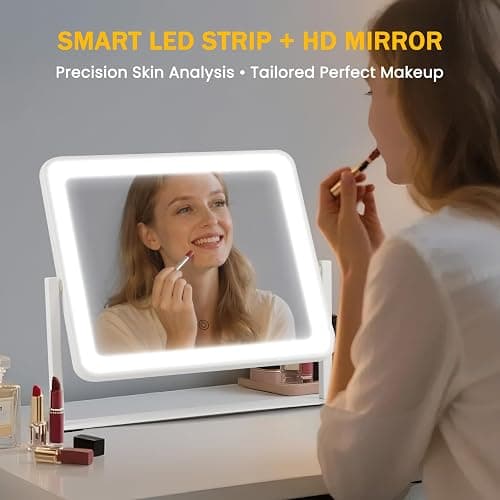 Bearolve Vanity Mirror with Lights, 14"×12" LED Makeup Mirror, HD Professional Mirror, Smart Touch with 3-Color Lighting, Dimmable, 360° Rotation, Lighted Up for Makeup Desk, Bedroom (White) thumbnail 3