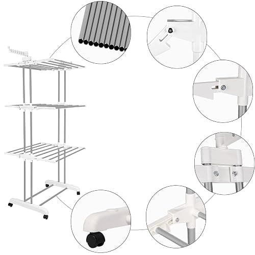Bigzzia Clothes Drying Rack, Folding Stainless Steel Drying Rack Clothing Indoor Outdoor, Space-Saving, 4 Tier Laundry Drying Rack with Two Side Wings -Grey White - Grey White - 4 Tier thumbnail 5