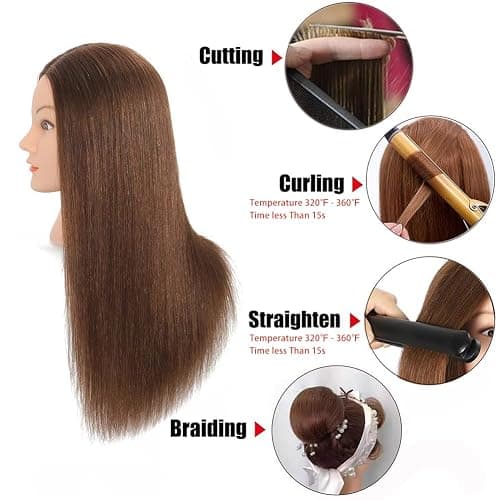 Opini Mannequin Head 100% Real Human Hair for Hairstyle Curling Practice | Cosmetology Manikin Doll Head 22-24" for Braiding Cutting, Ideal for Salon Hairdressers Barbers & Beginner Training (Brown) thumbnail 5