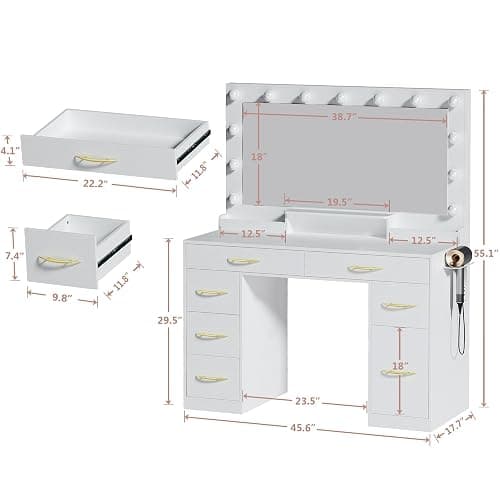 HUAHUU Makeup Vanity Desk with Lights, Vanity Desk with Large Mirror, White Vanity with Outlets Large Drawers & Storage, 3 Lighting Color Adjustable, Bedroom Dressing Table thumbnail 2