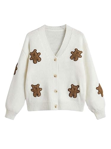 OYOANGLE Girl's Bear Embroidery Button Up Cardigan Sweater Long Sleeve V Neck Cute Knitted Outerwear - Image 1