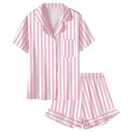 Umeyda Girls & Women Satin Pajamas Set Button Down 2 Piece Silk Pjs Shorts Set Ruffle Sleepwear, 5 Years-Women L - Image 1