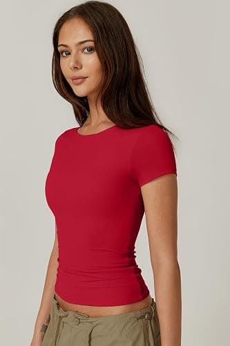 QINSEN Women's Crew Neck Short Sleeve Tees Double Lined Slim Fit T Shirt Basic Y2K Tops thumbnail 3