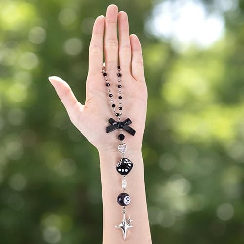 LuneClat Black Bow Car Mirror Chain Y2k 8 Ball Star Beaded Hanging Charm | Y2k Aesthetic Hanging Charm With 8 Ball And Star Pendant. Beaded Car Rearview Mirror Chain. Cute Car Interior Decor thumbnail 6