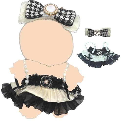 Clothes for 17cm Doll(Clothes Only)– 2-Piece Set Pearl Princess Dress and Pearl Houndstooth Bow Headband for a Unique Dressed-Up Look– Fashion Handmade Accessories for Doll (Black) - Pearl Dress(Black) thumbnail 3