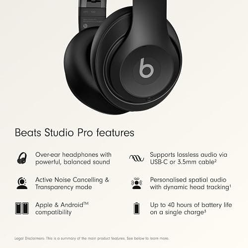 Beats Studio Pro Premium Wireless Over-Ear Headphones- Up to 40-Hour Battery Life, Active Noise Cancelling, Great for Travel & Commuting, USB-C Lossless Audio, Apple & Android Compatible -Black | Over-ear audio with active noise canceling, 40-hour battery life and Bluetooth connectivity thumbnail 2
