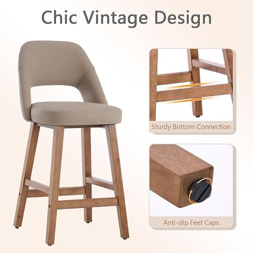 Rowill Counter Height Bar Stools Set of 4, 26 Inch Faux Leather Bar Stools with Back, Upholstered Barstools with Footrest, Wood Legs, Vegan Leather, Khaki thumbnail 6