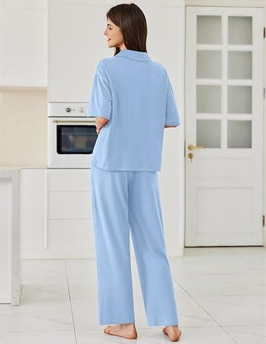 Ekouaer Women Pajamas Set Button Down Sleepwear Short Sleeve Pjs Soft Comfy Nightwear with Long Pants S-XXL thumbnail 2