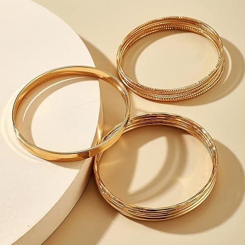 Xerling 14Pcs Golden Boho Indian Multi Bangle Bracelet Set Punk Chunky Stackable Textured Bracelets for Women Layered Cable Smooth Bracelets, Diameter: 2.6-2.7in/6.8-7cm, alloy thumbnail 6