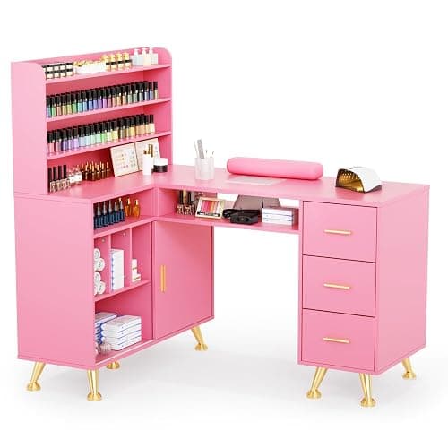 OmySalon L Shaped Manicure Table with Dust Collector, 52" L Corner Nail Desk for Nail Techs, w/Polish Display Rack Arm Rest, Acetone Resistant Top, Drawer and Cabinet Storage, for Nail Salon (Pink) - Image 1
