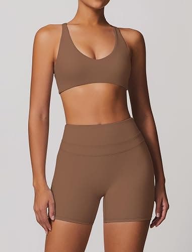 ABOCIW Workout Sets for Women 2 Piece V Neck Twist Back Sports Bra High Waist Biker Shorts Yoga Outfits thumbnail 2