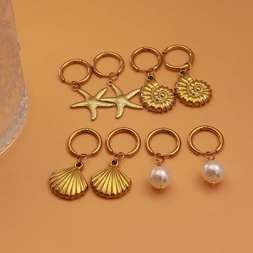 4 Pairs Gold Huggie Hoop Earrings for Women, 14K Real Gold Stainless Steel Summer Beach Jewelry Starfish/Pearl/Clam/Conch Dangle Hypoallergenic Earrings thumbnail 7