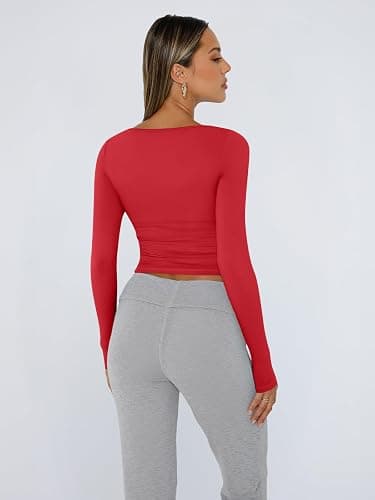 Trendy Queen Womens Long Sleeve Shirts Crop Tops Fall Fashion 2025 Square Neck Going Out Basics Tees Y2k Clothes thumbnail 5