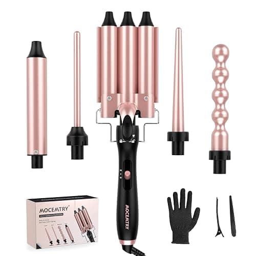 Curling Iron Hair Curler 5 in 1, MOCEMTRY Curling Wand Set 3 Barrel Triple Tool with 0.35in to 1.26in Barrels Hair Crimper Hair Tool Beach Waves Hair Waver for Women with Glove & Hair Clip - Image 1