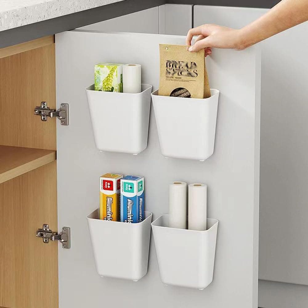 Pack of 4 Kitchen Cabinet Door Storage Box, Self-Adhesive Wall Mounted Organiser for Cupboard, Bathroom, Fridge - Small Items - Image 1