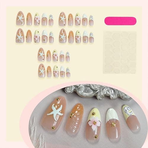 30Pcs Pink Flower Press on Nails Medium Almond French Tip Fake Nails with Gold Shell Starfish Gems Design Handmade False Nails Full Cover Artificial Glue on Nails Hawaii Stick on Nails for Women DIY thumbnail 4