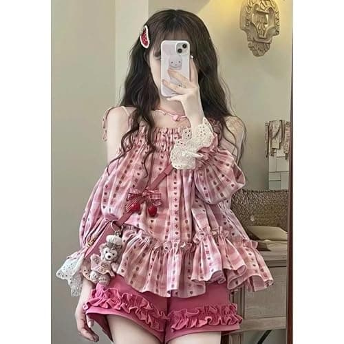 OATSBAS Women's Y2K Kawaii 2 Piece Outfit, Pink Polka Dot Camisole Dress & Red Shorts Mix and Match Set thumbnail 3