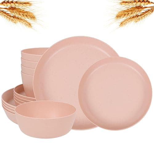 EI 12pcs Pink Wheat Straw Plates,Wheat Straw Dinnerware Set for 4,Plates and Bowls Sets,Plastic Plate Reusable,Unbreakable Plastic Plate Melamine,Camping Family Dishes Set - Image 1