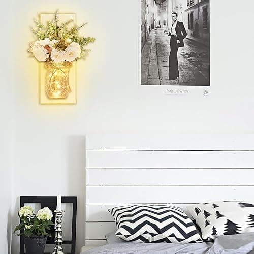 Rustic Wall Sconces Mason Jar Sconces Handmade Wall Art Hanging Design with Remote Control LED Fairy Lights and White Peony, Christmas Decor Gifts Farmhouse Home Decor Living Room Lights Set of Two thumbnail 5