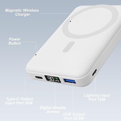 AOGUERBE Magnetic Power Bank, for MagSafe Charger Portable 10000mAh Battery Pack PD 22.5W Fast Charging, Foldable Wireless Power Bank with USB-C LED Display for iPhone 17/16/15/14/13/12 Series thumbnail 2