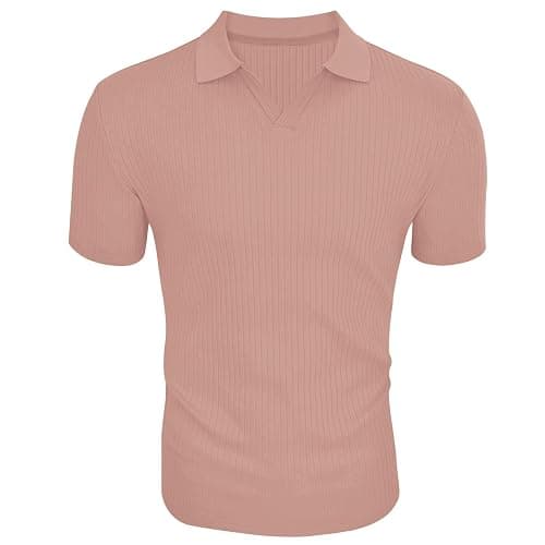 Gnvviwl Men's Muscle V Neck Polo Shirts Slim Fit Short Long Sleeve Cotton Golf T-Shirts Ribbed Knit  thumbnail 2