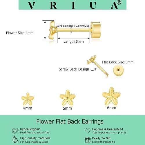 VRIUA 20G Tiny Flat Back Earrings for Women - 14K Gold/Silver Plated Small Flat Back Stud Earrings Hypoallergenic Cartilage Helix Piercing Jewelry thumbnail 4