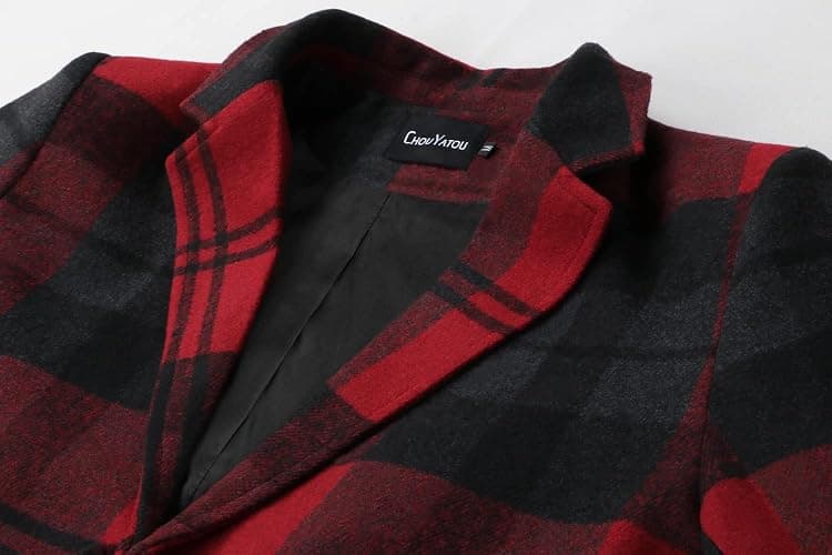 chouyatou Men's Casual Notched Collar Plaid Single Breasted Wool Blend Formal Trench Top Coat thumbnail 4